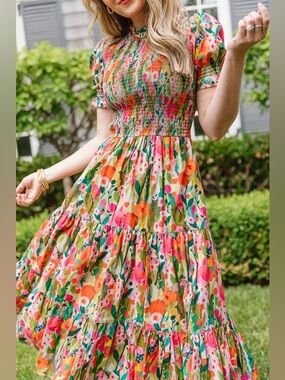 Ivy City Co Vibrant Floral Tiered Midi Dress